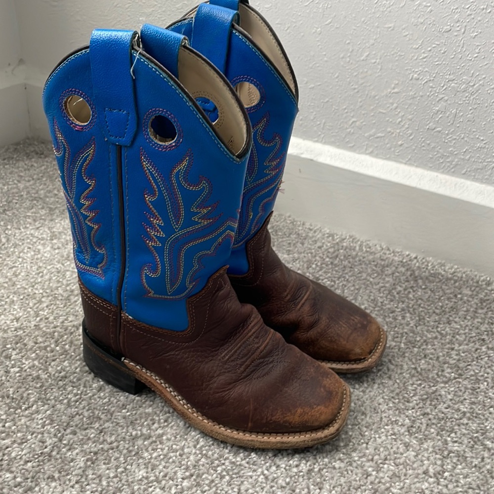 Blue, brown cowboy boots for your kid. Size 11, leather upper